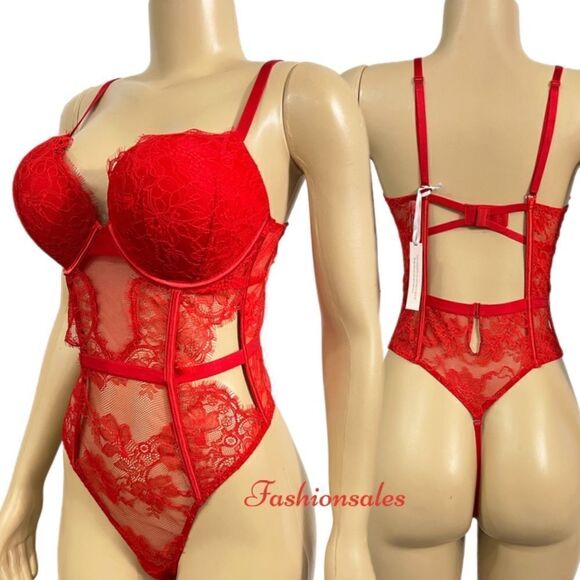 Victoria’s Secret Sexy Bombshell Push Up Adds 2 Cups Lace Teddy Bodysuit Red - Picture 5 of 10